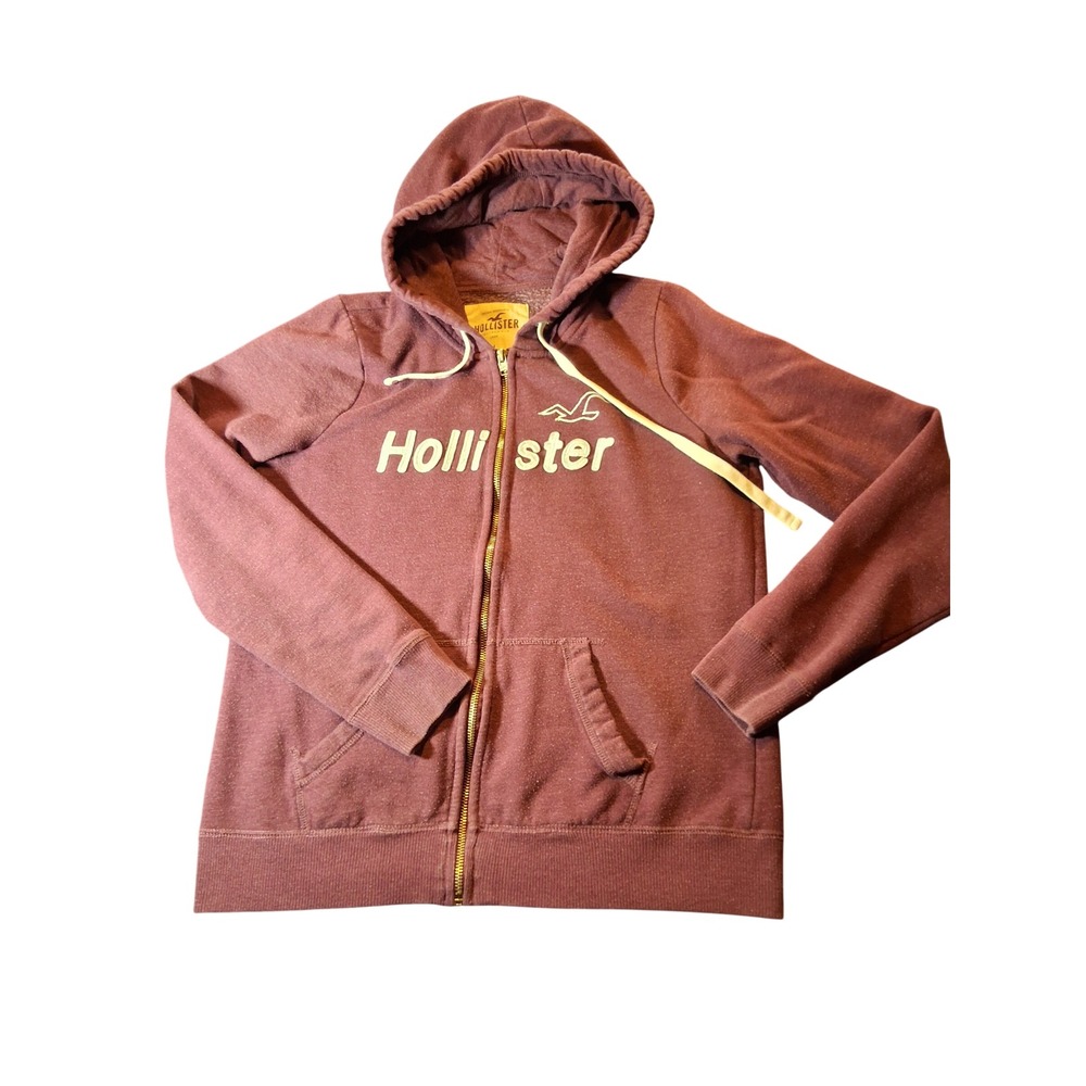 Hollister Mens Full Zip Hoodie Maroon Burgundy Los Angeles Logo Sweatshirt Large